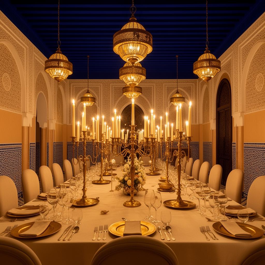 Salle de réception dressée — chandeliers, lumière dorée, vaisselle patrimoniale