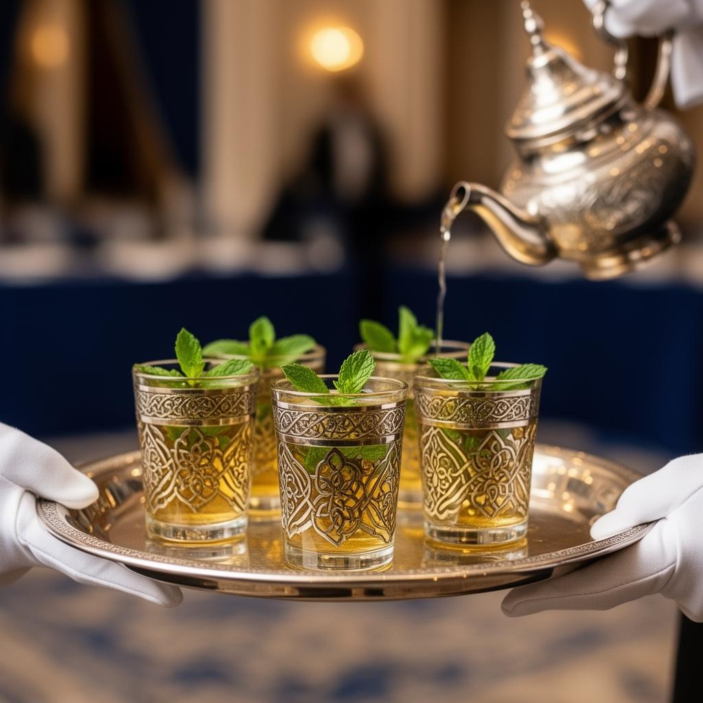 Plateau argenté de verres de thé à la menthe servis par un maître d'hôtel